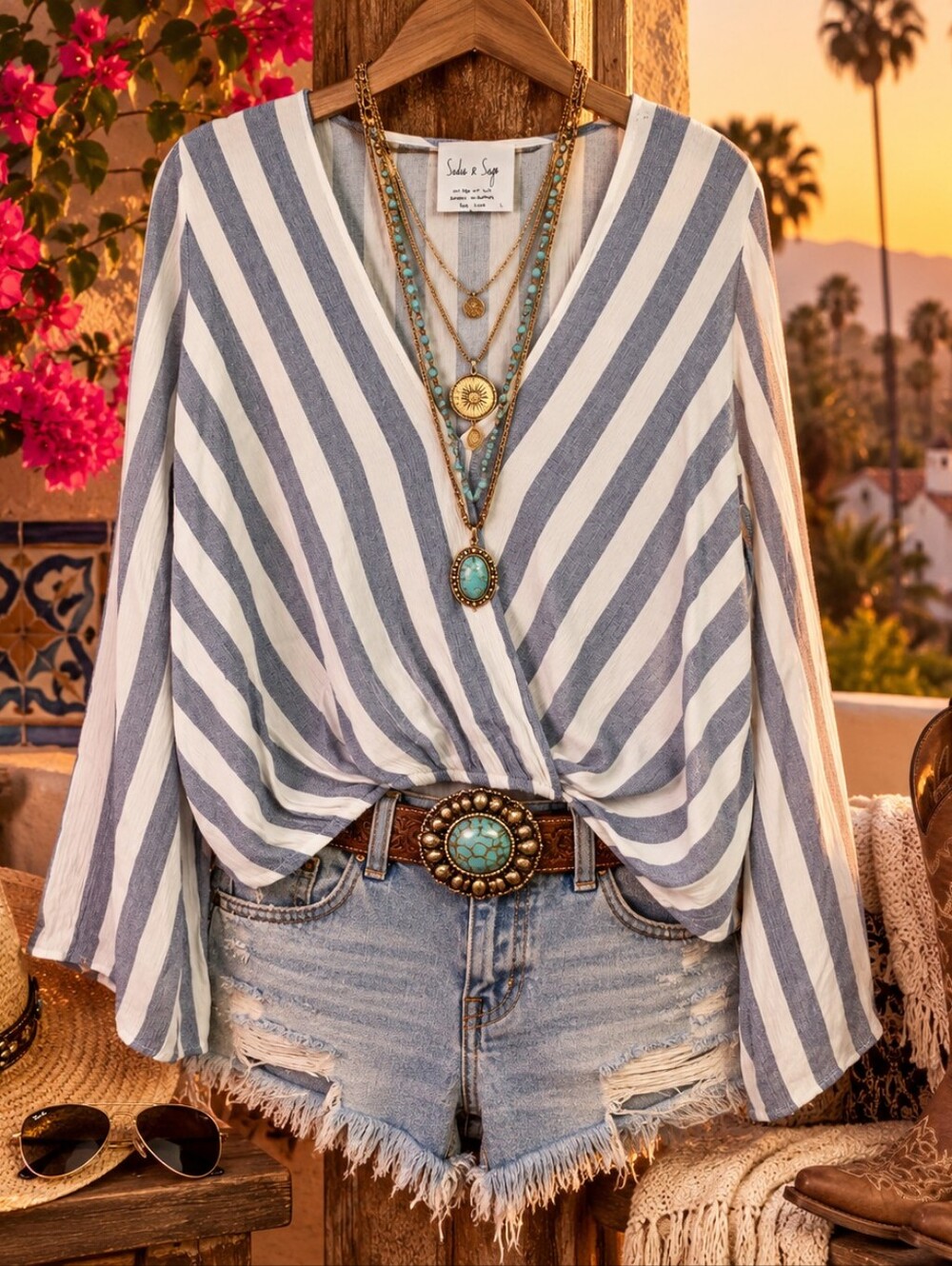 Sadie & Sage Striped Surplice Wrap Blouse Large Boho Coastal Western Top